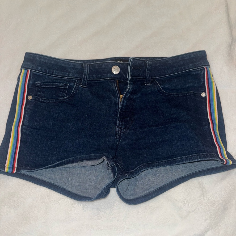 Express Dark Blue Jean Shorts with Rainbow Stripes